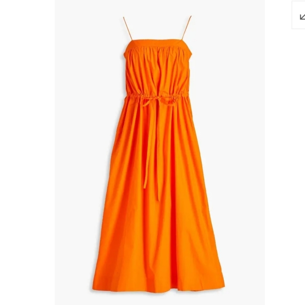 Ganni Gathered Cotton Poplin Midi Dress Orange NEW Size 10